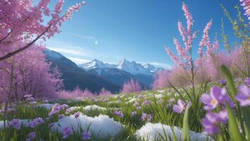 Blossoming Meadow in Springtime with Snow Patches and Mountain Backdrop photo