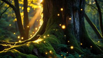 Enchanted Forest Scene with Moss Covered Tree and Glowing Lights photo