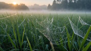 Spiderweb in Grassy Field at Dawn with Dew Drops and Mist photo