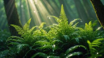 Ferns in Forest with Sunlight and Water Droplets Creating Serene Scene photo