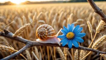 Snail Resting on Branch with Blue Flower in Wheat Field photo