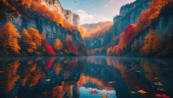 Reflecting Autumn Trees on Calm Lake Water Surrounded by Cliffs photo