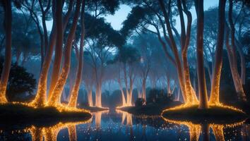 Magical Trees Reflecting in Water with Fairy Lights at Dusk photo