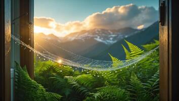Spiderweb Dewdrops Sparkle Framed by Window Overlooking Mountain View photo