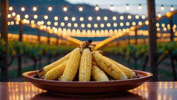 Grilled Corn on the Cob at Vineyard with String Lights photo