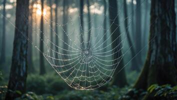 Spiderweb in Forest with Dew Drops and Sunlight Breaking Through Trees photo