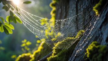 Spiderweb Covered in Dew Hangs Between a Tree and Greenery photo