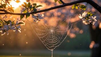 Spiderweb with Dewdrops Hanging on Tree Branch in Springtime photo