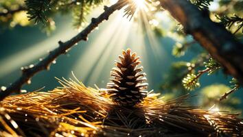 Pine Cone Resting on Needles with Sunlight Streaming Through Branches photo