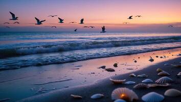 Seagulls Flying Above Ocean Waves at Sunset with Seashells on Sand photo