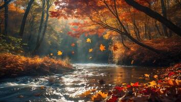 River Flowing Through Forest with Falling Leaves in Autumn Season photo