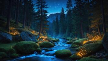 Flowing River Through Forest at Night with Stars and Mossy Rocks photo