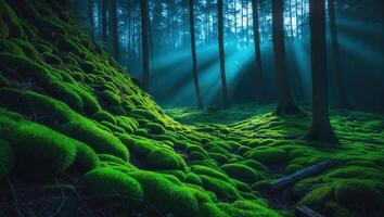 Walking Through a Lush Mossy Forest with Sunlight Streaming Down photo