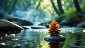 Pine Cone on Stone in Forest Stream Serene Nature Scene photo