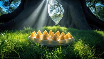 Deviled Eggs on Glass Plate in Grassy Forest Setting with Sunlight photo