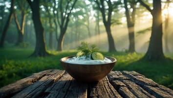 Yogurt Dip with Cucumber and Dill on Rustic Wooden Table photo