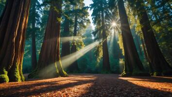Sunlight Streaming Through Towering Trees in a Tranquil Forest Scene photo