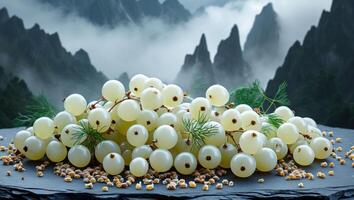 Fresh White Currants Displayed on Slate with Mountain Backdrop photo