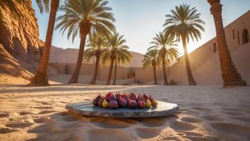 Fresh Figs on Stone Slab in Desert Oasis Setting at Sunset photo
