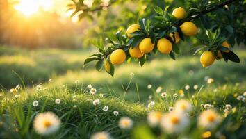 Branch with Lemons Hanging in a Meadow of Daisies at Sunset photo
