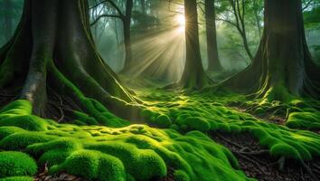 Sunlight Shining Through Forest Trees and Mossy Ground Creating Magic photo