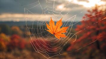 Maple Leaf Caught in Spiderweb with Autumnal Forest Background Scene photo