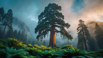 Majestic Sequoia Tree Rises Above Lush Ferns in Foggy Forest photo