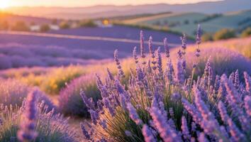 Lavender Field Blooming at Sunset with Rolling Hills Scenery Background photo