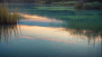 Tranquil Water Reflection at Dusk Featuring Reeds and Lily Pads photo