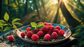 Fresh Raspberries on a Rustic Plate in a Forest Setting photo