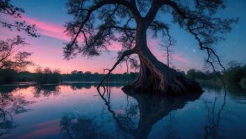 Tree Reflection in Calm Lake at Dusk with Striking Sky Colors photo