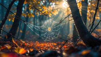 Spiderweb with Dew Drops in Forest with Sunlight Shining Through photo