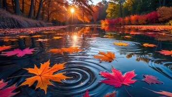 Autumn Leaves Floating on Lake Water at Sunset with Reflections photo
