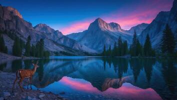 Deer by Mountain Lake at Dusk with Stunning Sky Reflection photo