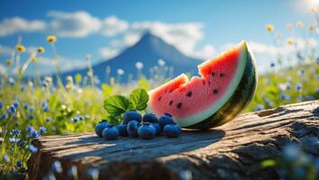 Watermelon and Blueberries on Wooden Log in a Summer Meadow photo