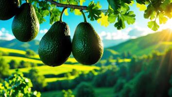 Avocado Hanging on a Branch with Green Hills in the Background photo
