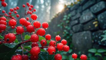 Bright Red Berries Sparkle with Raindrops Near a Stone Wall photo