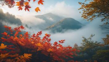 Autumn Leaves Frame Misty Mountain Landscape in Scenic Nature View photo