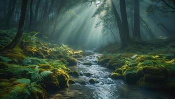 Flowing Stream Through Forest with Sunlight Creating a Mystical Atmosphere photo