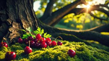 Cherries on Moss Near Tree Trunk in Sunlit Forest Setting photo