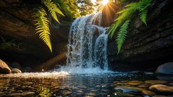Waterfall Cascading Into Pool with Ferns and Sunlight Bursting Through photo