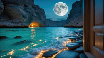Moonlit Ocean Scene with Cliffs and a Doorway Into Paradise photo