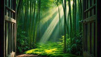 Bamboo Forest Path with Sunlight Streaming Through and Open Door photo