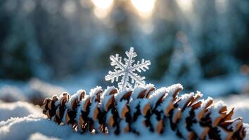 Snowflake on Cone in Winter Forest Setting for Holiday Season photo