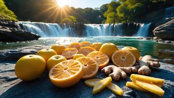Fresh Citrus and Ginger by Waterfall Creating a Refreshing Scene photo