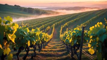 Vineyard Rows at Sunrise with Morning Mist Rolling Through Hills photo