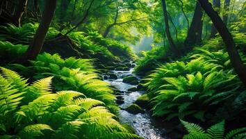 Flowing Stream in Green Forest with Ferns and Sunlight photo