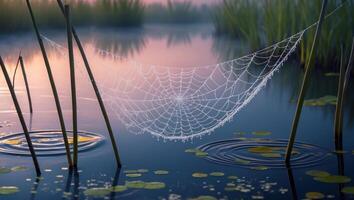 Spiderweb Covered with Dew Drops Over Water in a Foggy Setting photo