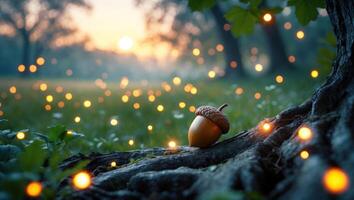 Acorn Resting on Tree Root Surrounded by Soft Glowing Lights photo