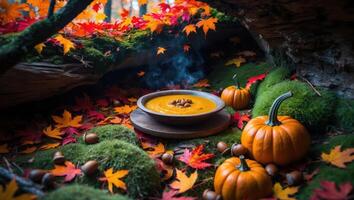 Serving Pumpkin Soup Outdoors in Autumn Nature Setting with Pumpkins photo